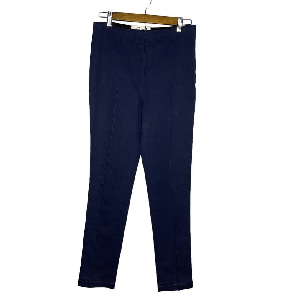 DVF Diane Von Furstenberg  High Rise Straight Linen Pants Navy Blue Size 4